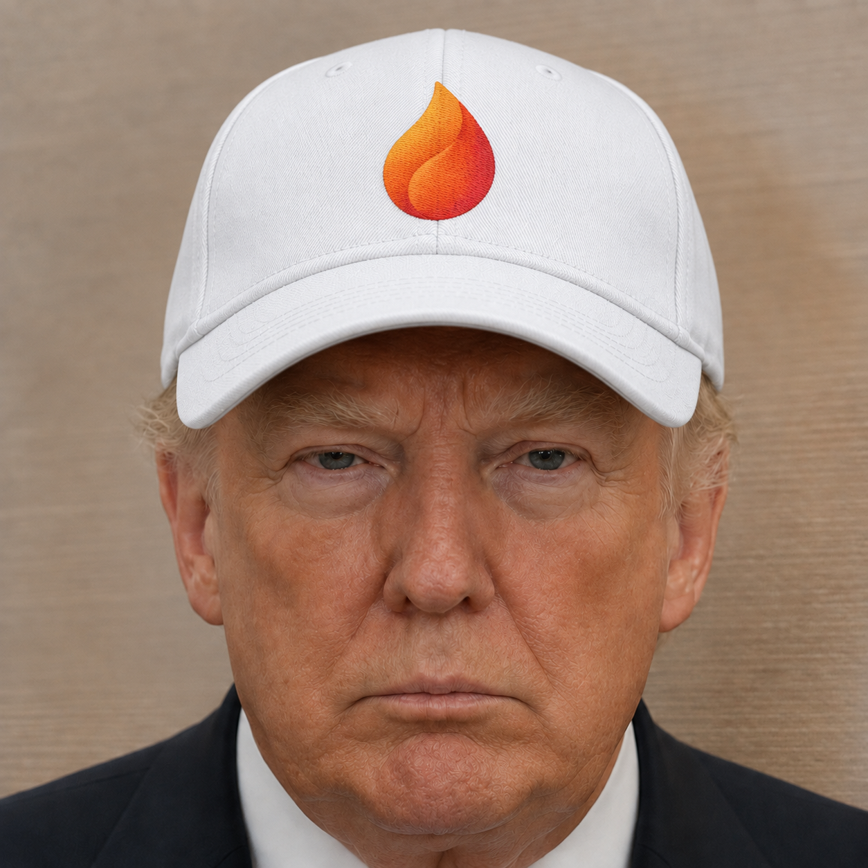 White cap with an ember emblem